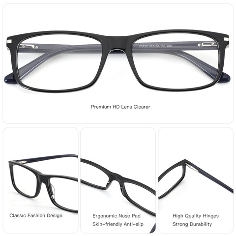 ZENOTTIC Dean black acetate square eyeglasses with clear demo lenses.