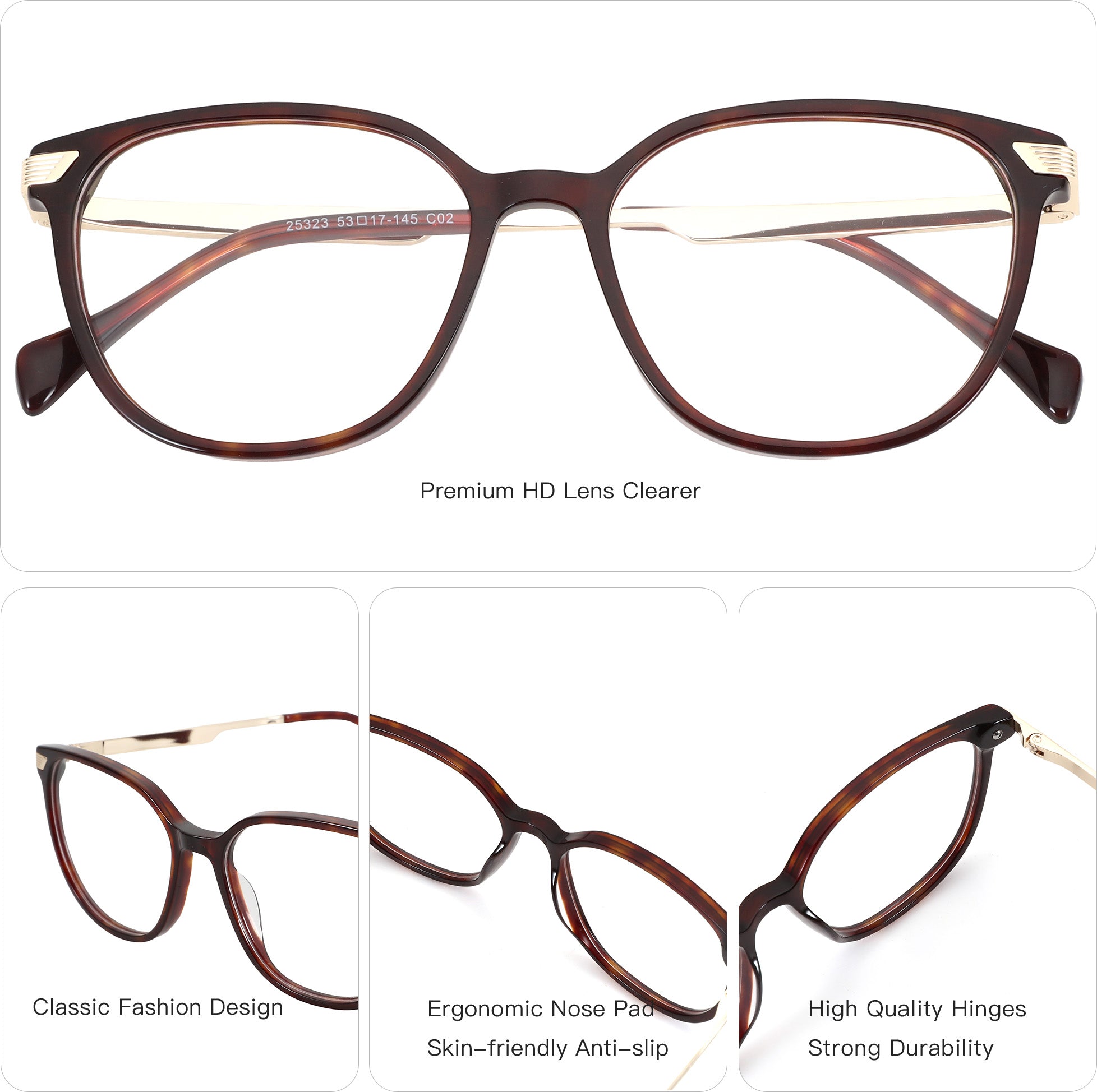 Zenottic Linnea brown acetate round eyeglasses with gold accents and clear demo lenses