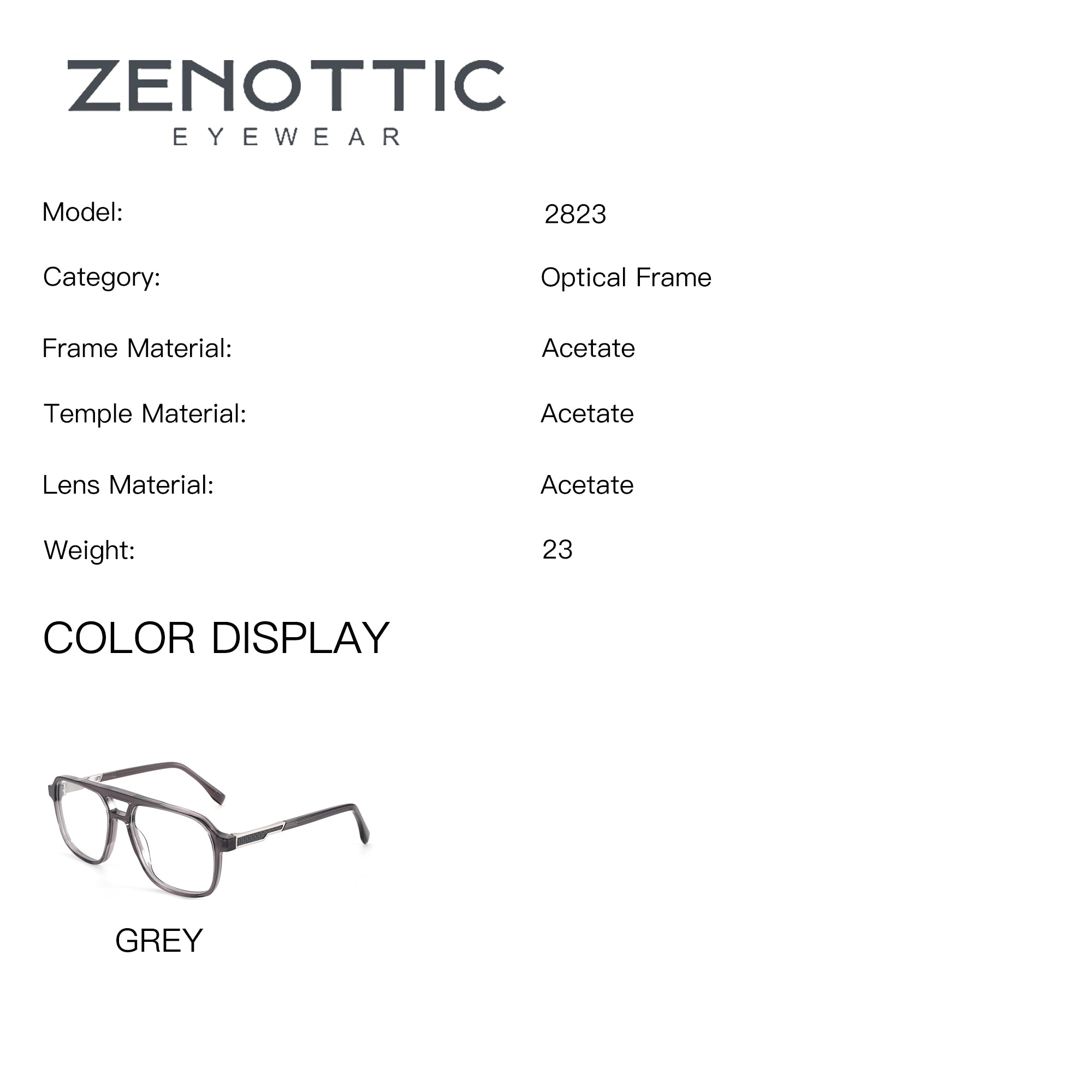 ZENOTTIC Vladimir eyeglasses model 2823, grey acetate aviator optical frame.