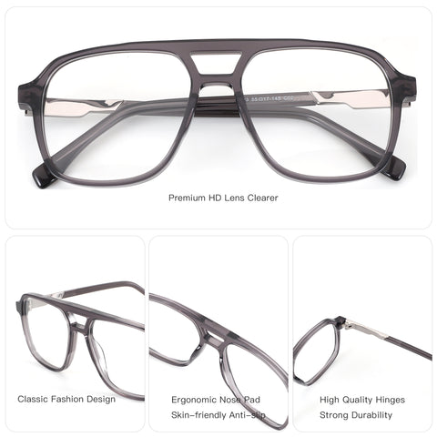 ZENOTTIC Vladimir aviator eyeglasses with premium HD clear lenses, gray acetate frame.