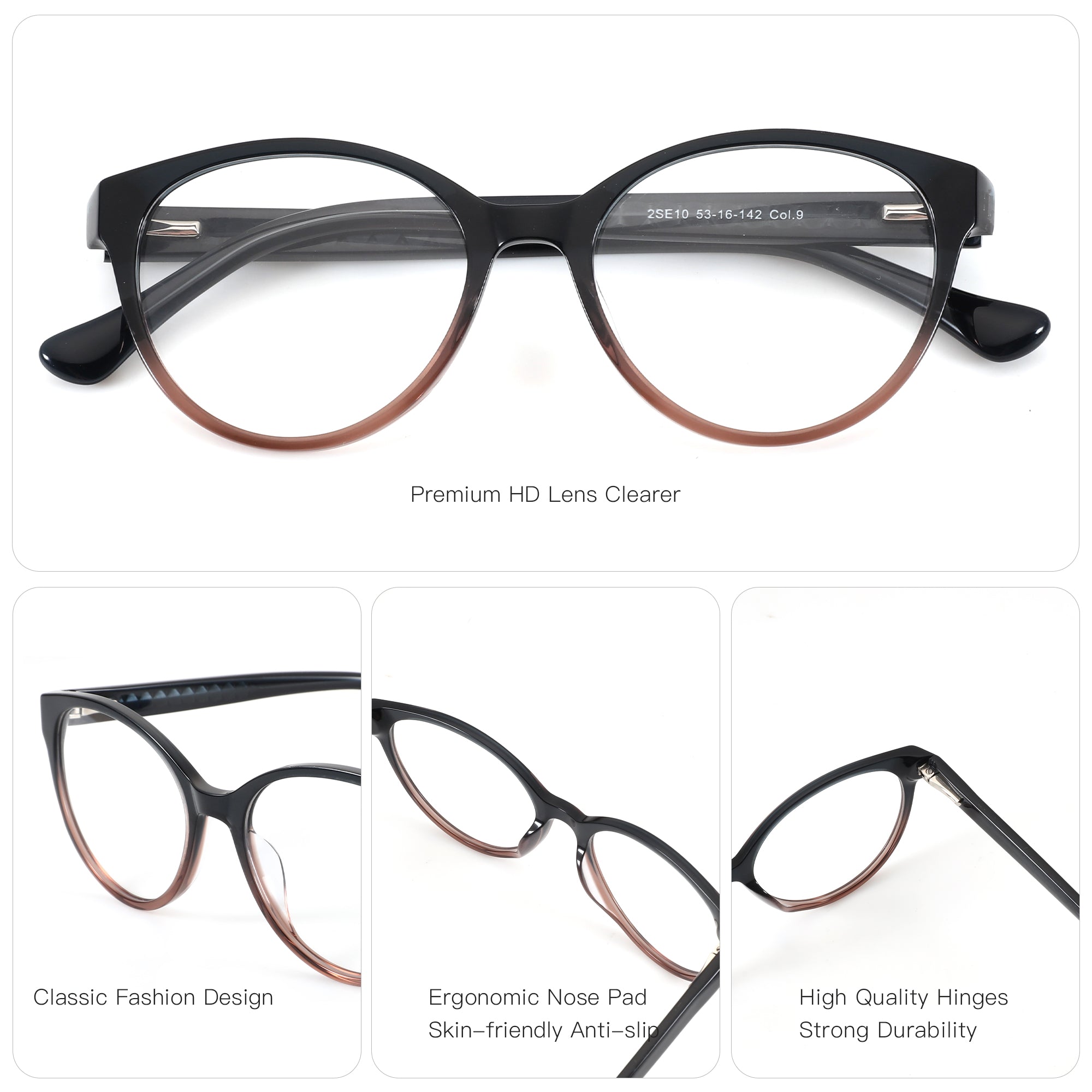 Zenottic Thalia round eyeglasses: black/brown gradient, classic design, ergonomic nose pads, durable hinges.
