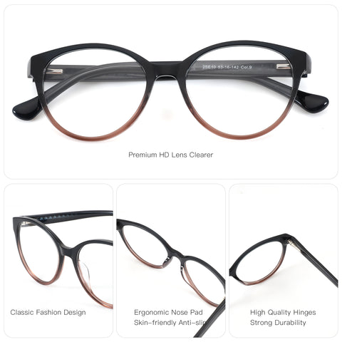 Zenottic Thalia round eyeglasses: black/brown gradient, classic design, ergonomic nose pads, durable hinges.