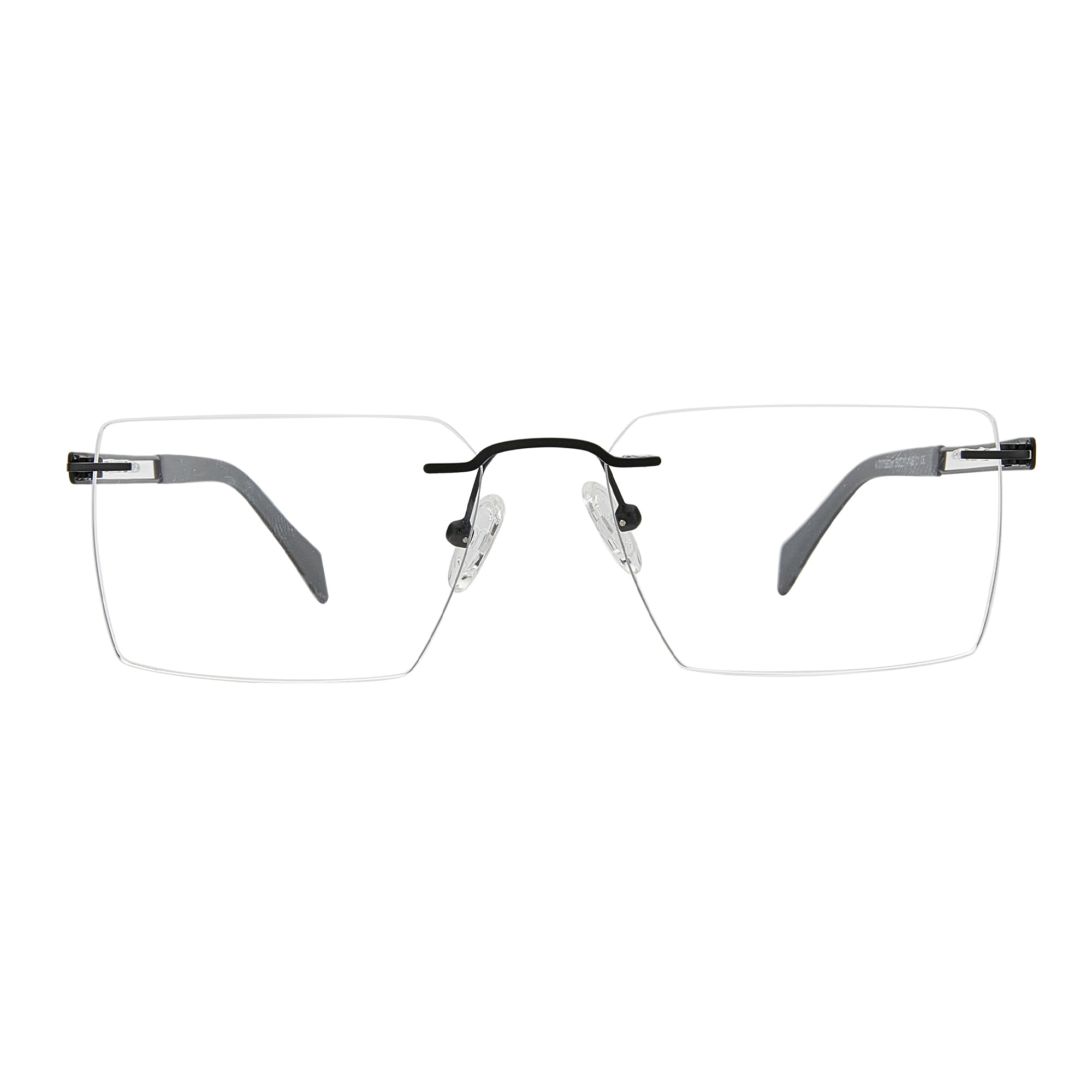 Zenottic Sidney rimless metal eyeglasses with square clear lenses and grey temples.