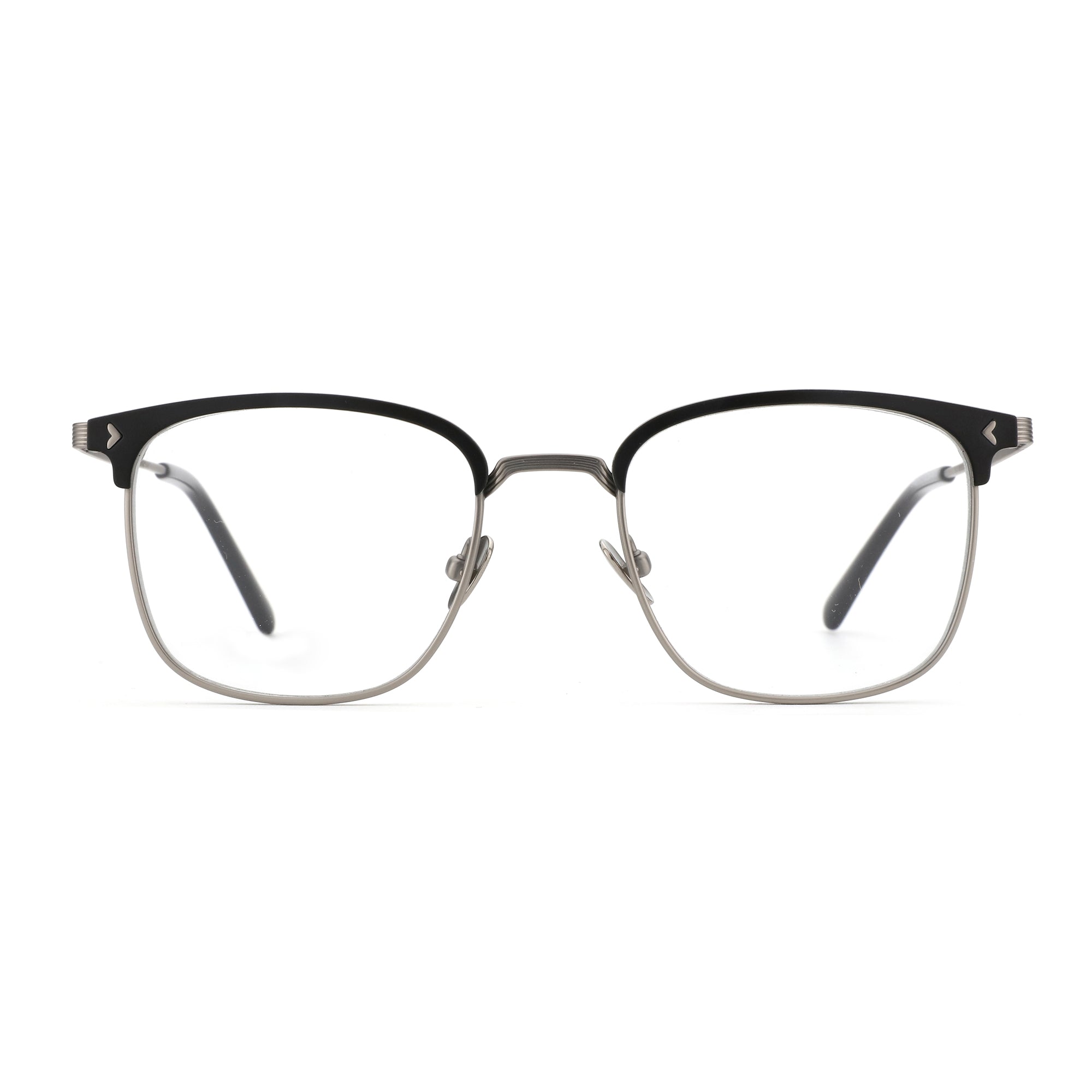 Zenottic Quetzal eyeglasses with a black upper frame and silver B-Titanium lower frame.