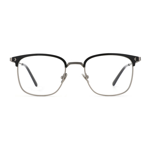Zenottic Quetzal eyeglasses with a black upper frame and silver B-Titanium lower frame.