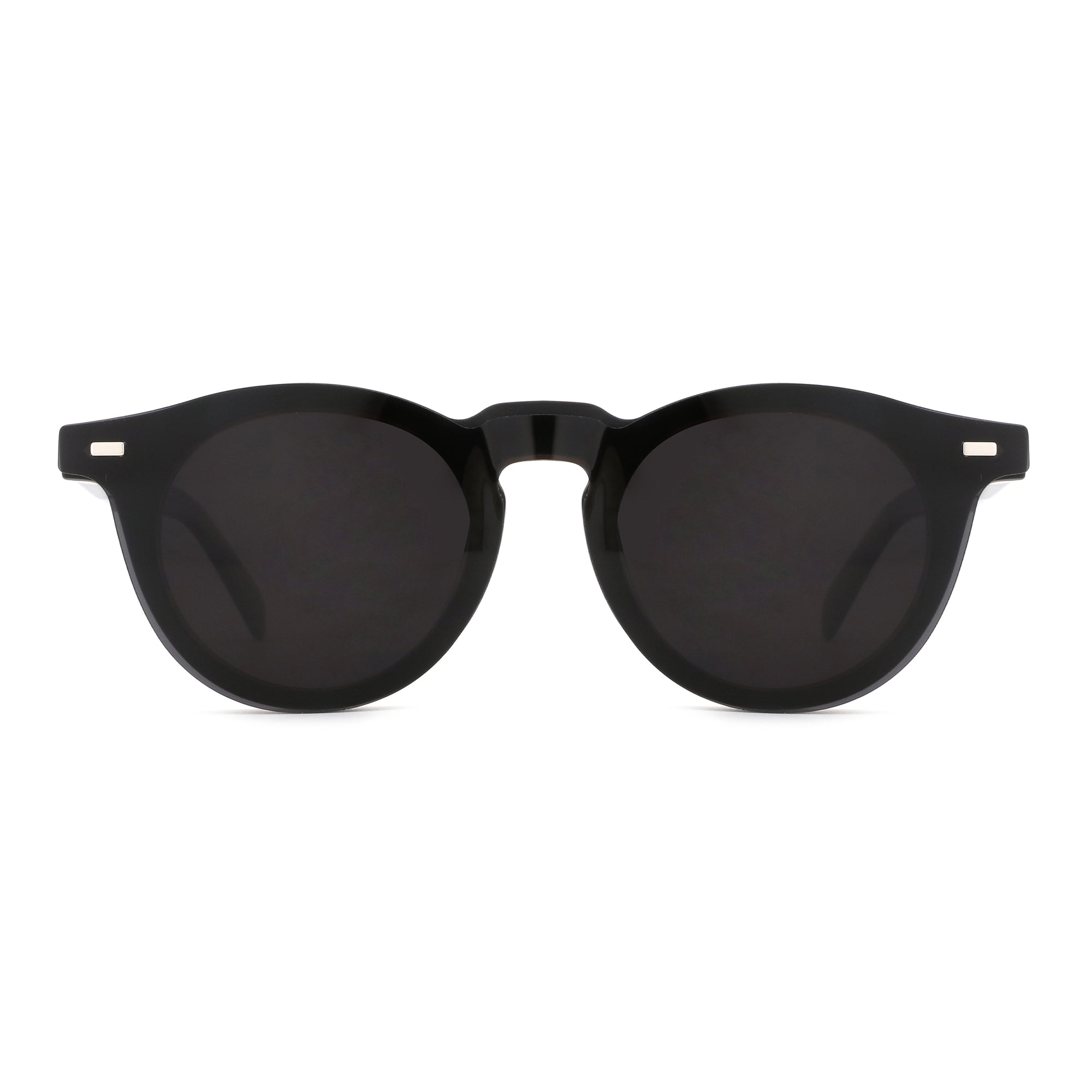 Zenottic Penny round black acetate sunglasses with dark lenses and silver temple accents, showcasing product appearance.