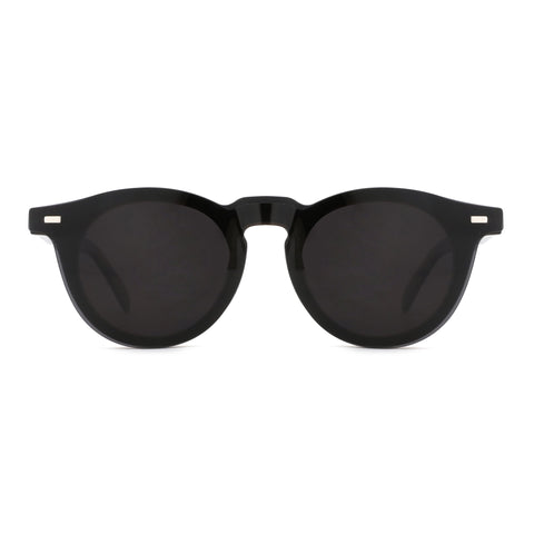 Zenottic Penny round black acetate sunglasses with dark lenses and silver temple accents, showcasing product appearance.