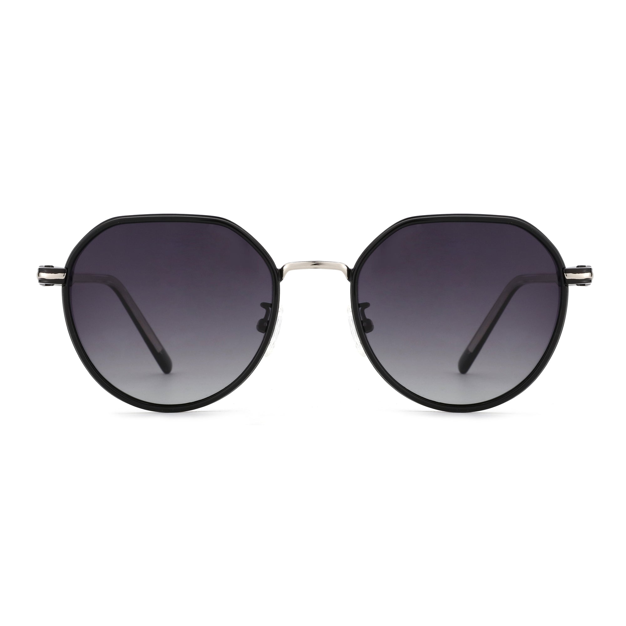 Zenottic black geometric sunglasses with gradient gray lenses and silver bridge.