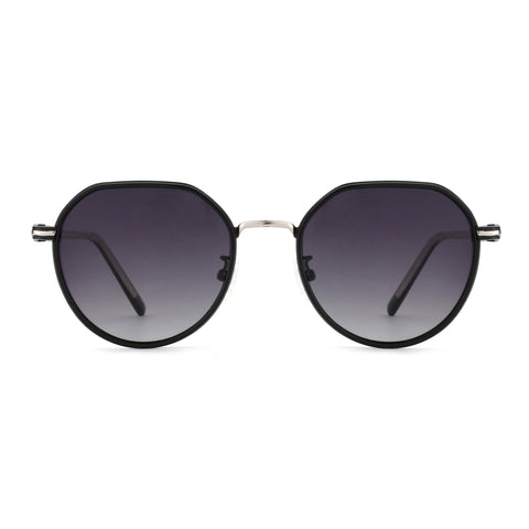 Zenottic black geometric sunglasses with gradient gray lenses and silver bridge.