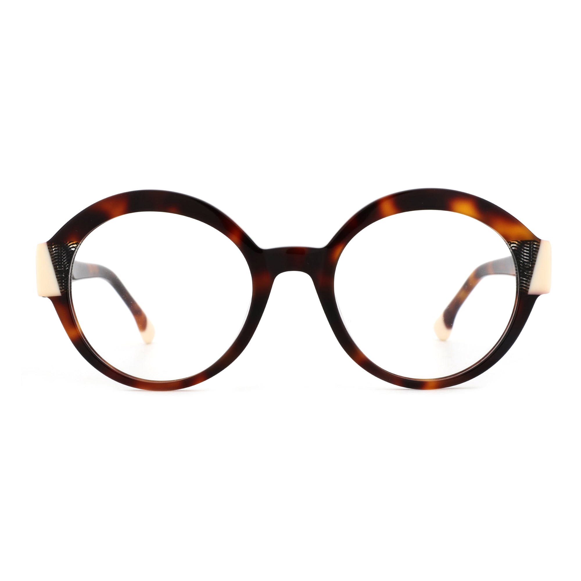 Zenottic Melanie eyeglasses: round tortoise shell acetate frame with cream and black temples.