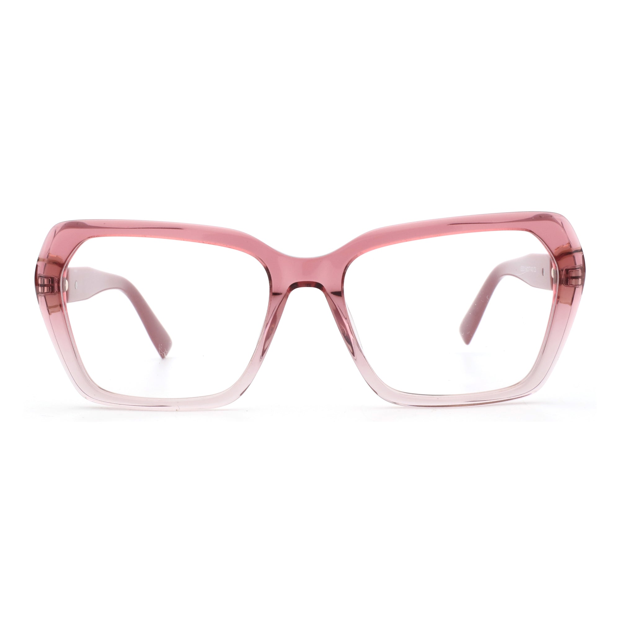 Zenottic Piper eyeglasses in pink acetate with clear lenses, featuring a geometric shape.