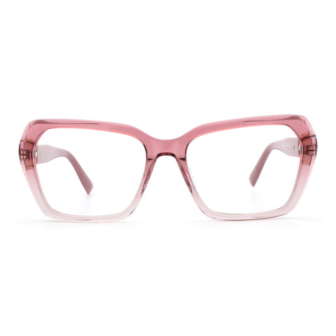 Zenottic Piper eyeglasses in pink acetate with clear lenses, featuring a geometric shape.