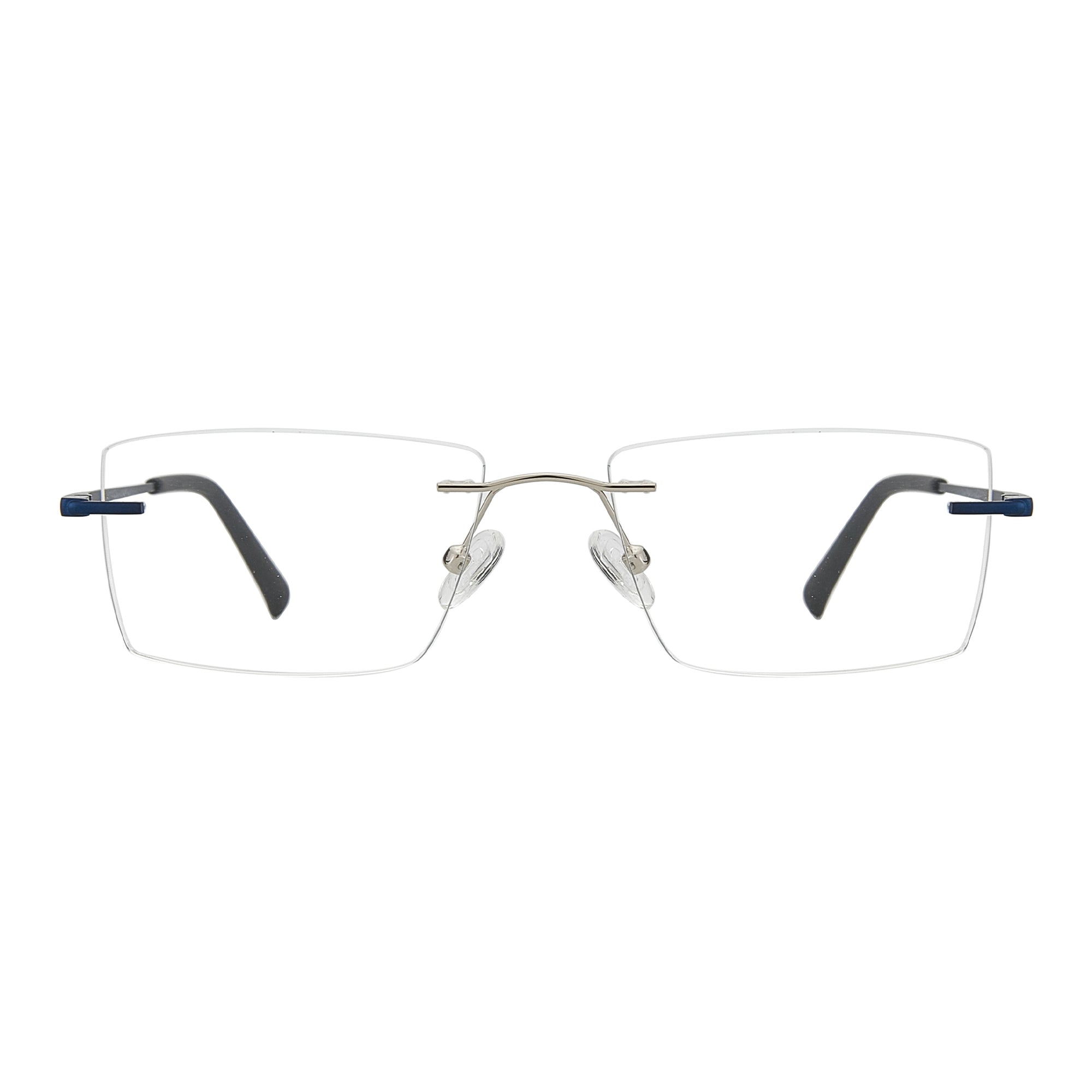 Zenottic Zayden silver rimless eyeglasses with blue temple accents.