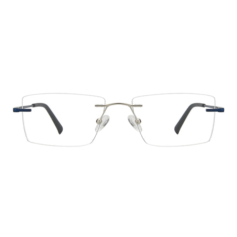 Zenottic Zayden silver rimless eyeglasses with blue temple accents.