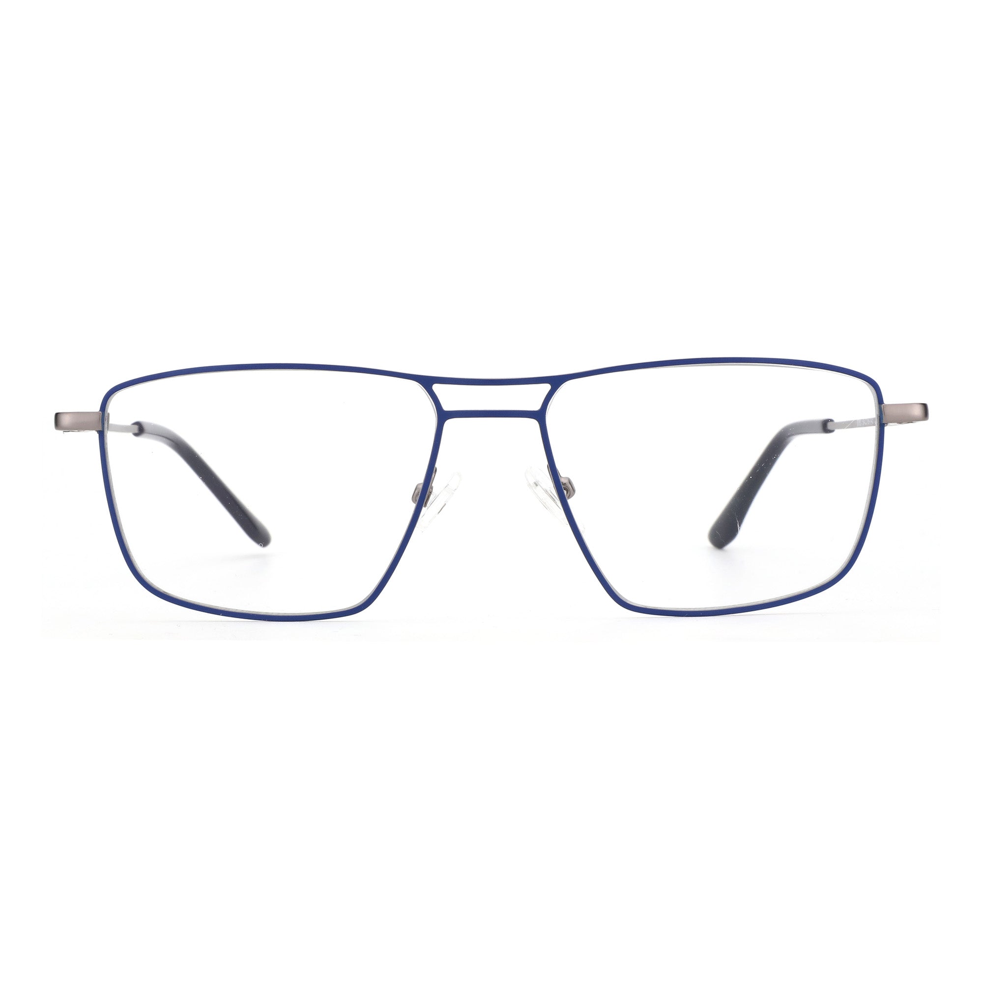 Zenottic Dustin eyeglasses with a blue metal frame and clear lenses.