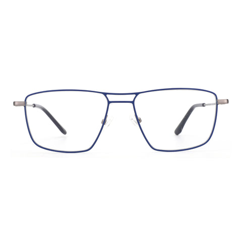 Zenottic Dustin eyeglasses with a blue metal frame and clear lenses.