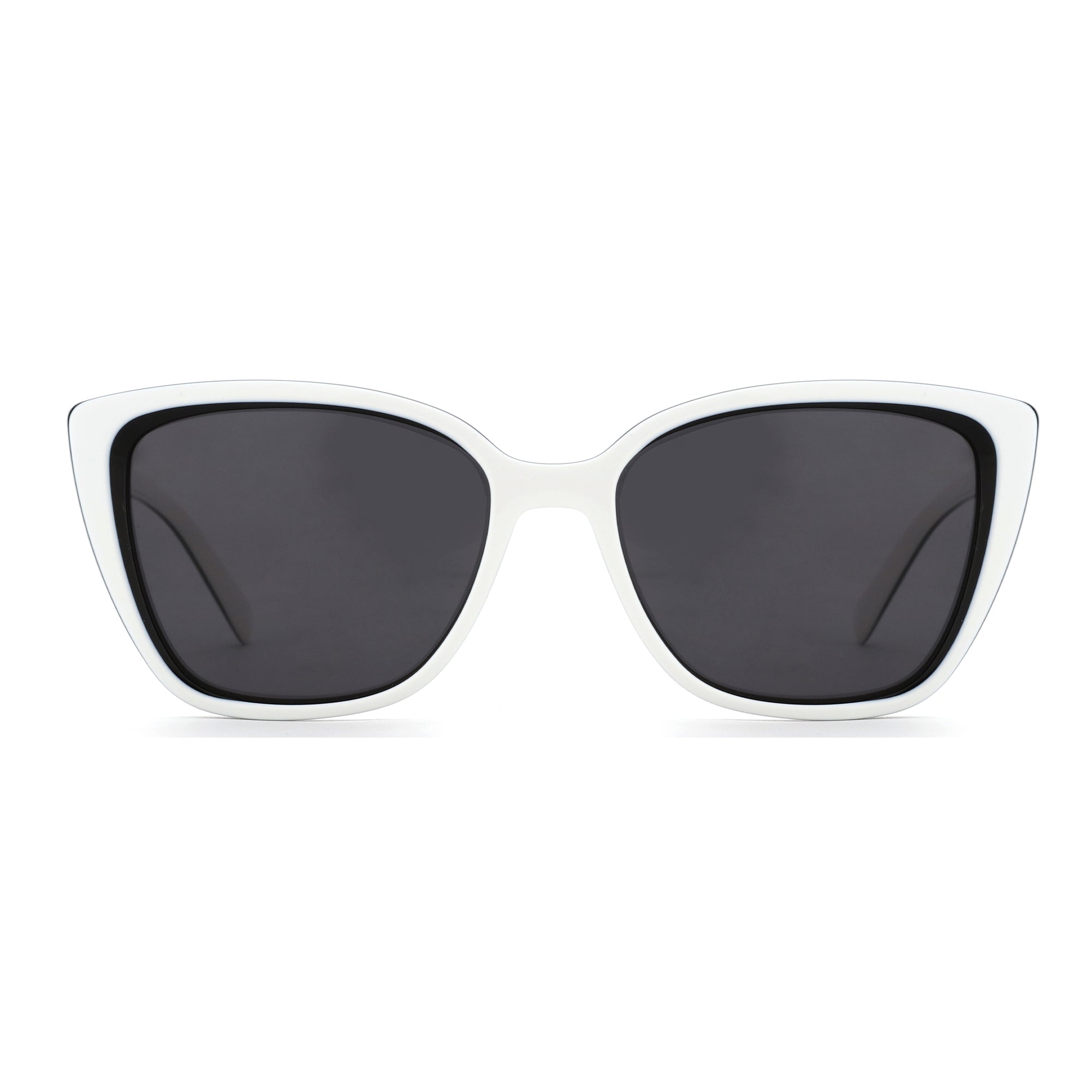 Zenottic Suzanne women's white acetate square sunglasses with black rim outline and dark gray lenses.