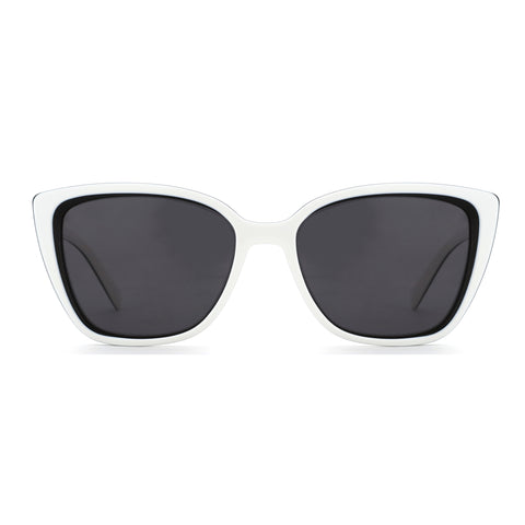 Zenottic Suzanne women's white acetate square sunglasses with black rim outline and dark gray lenses.
