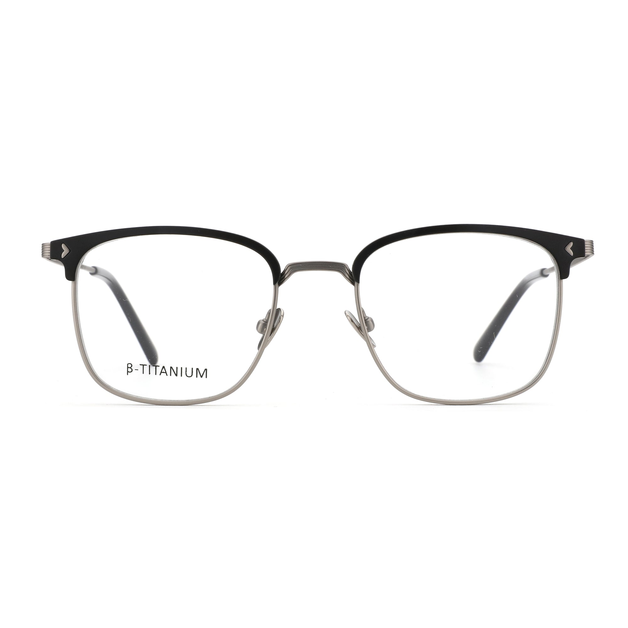 Zenottic Quetzal eyeglasses with a black upper frame and silver B-Titanium lower frame.