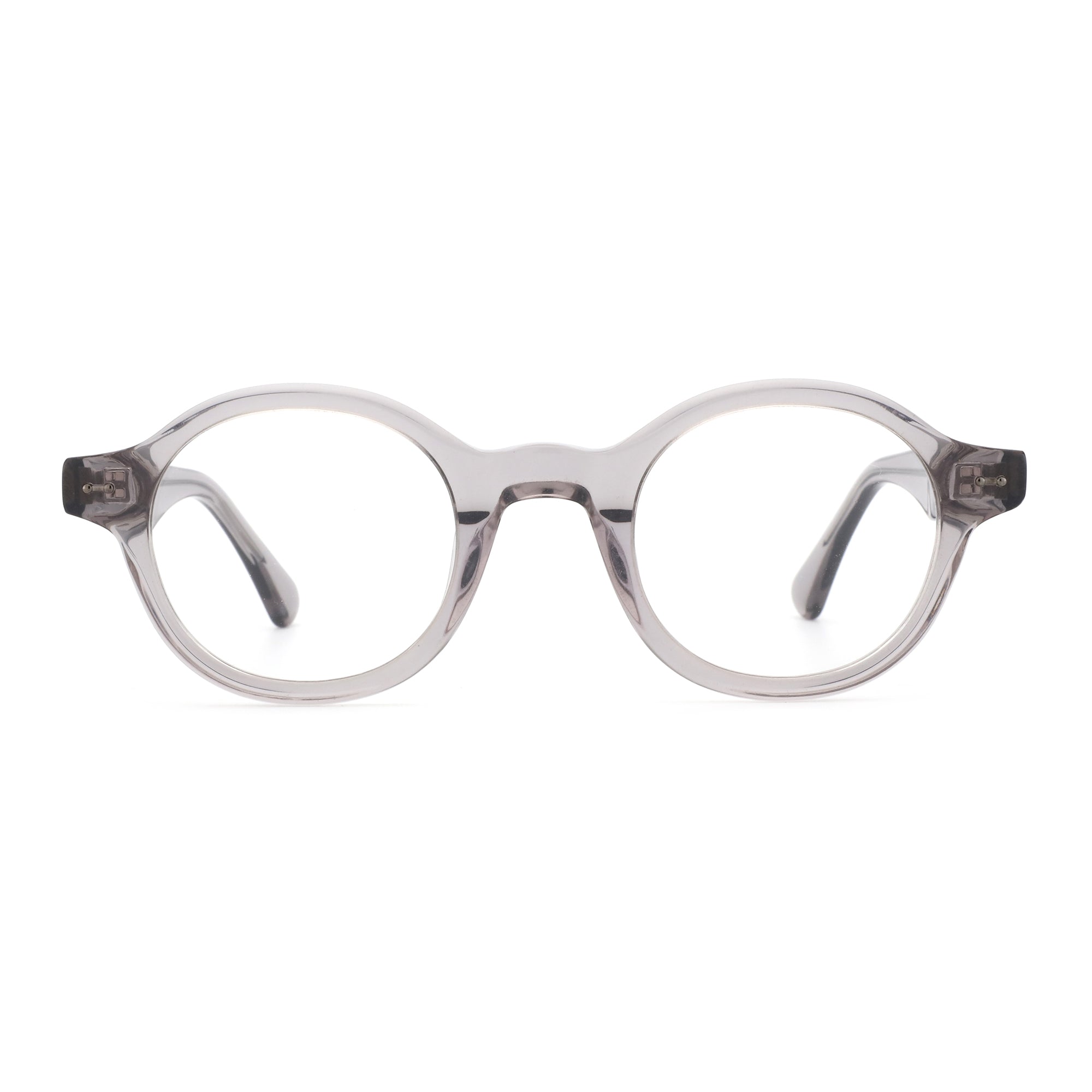 Zenottic Devon eyeglasses in translucent grey acetate with round frames and clear lenses.