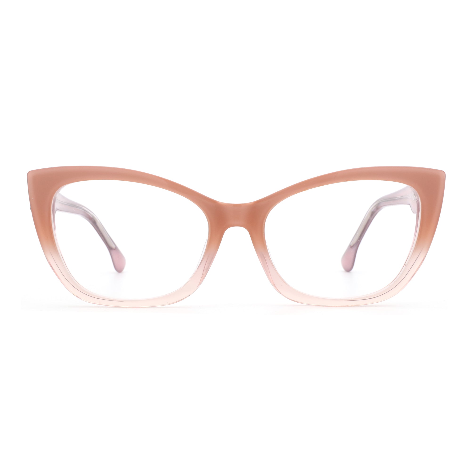 Zenottic Mignon cat eye eyeglasses in a pink to clear gradient acetate frame.