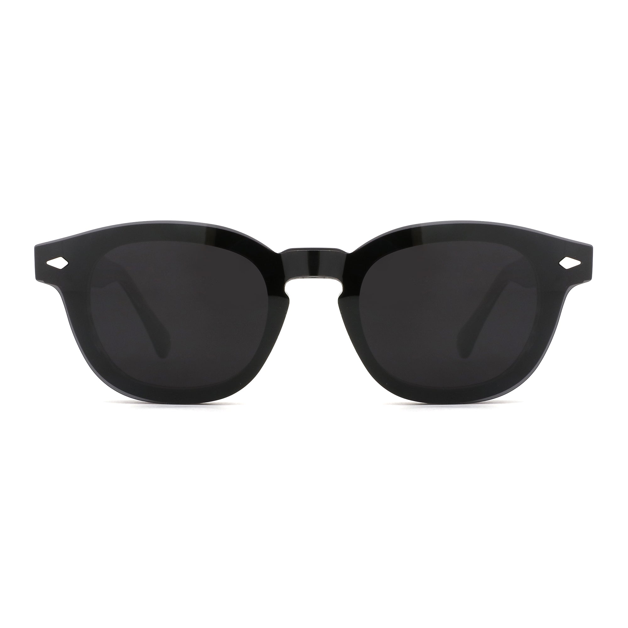 Zenottic Mitchell black acetate round sunglasses with polarized lenses and diamond temple detail.