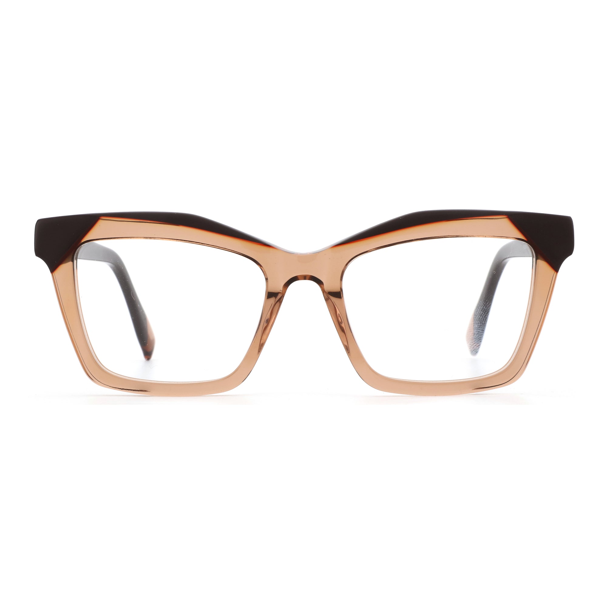 Zenottic Lewis eyeglasses: brown & peach translucent cat-eye frame, keyhole bridge, clear lenses.