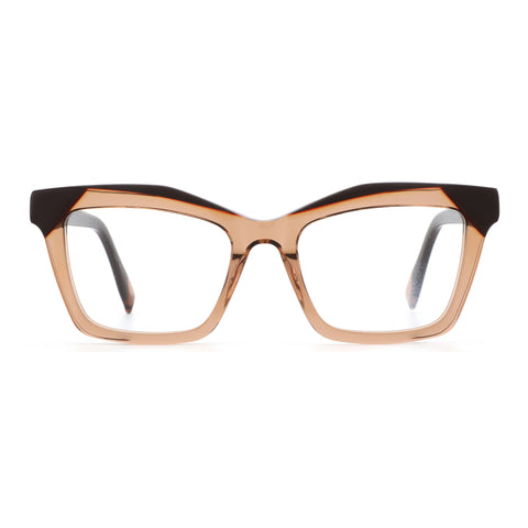 Zenottic Lewis eyeglasses: brown & peach translucent cat-eye frame, keyhole bridge, clear lenses.