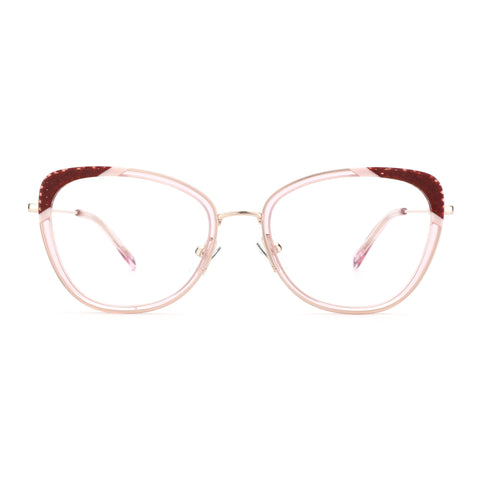 Zenottic Paloma cat-eye eyeglasses in pink and rose gold with glitter accents on the temples.