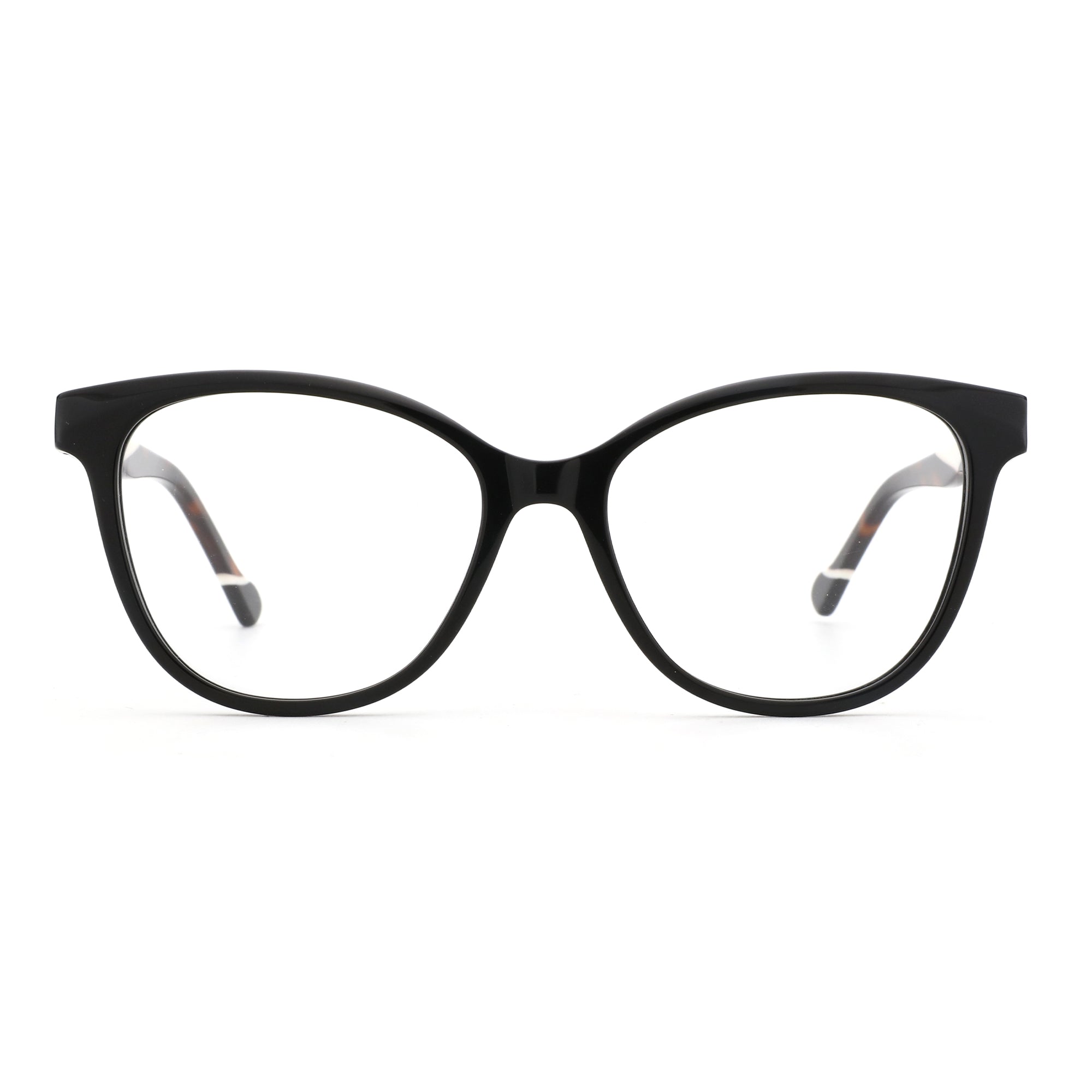 Zenottic Isolde black cat-eye eyeglasses with subtle tortoiseshell temple detail.