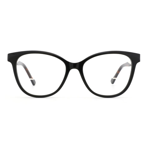 Zenottic Isolde black cat-eye eyeglasses with subtle tortoiseshell temple detail.