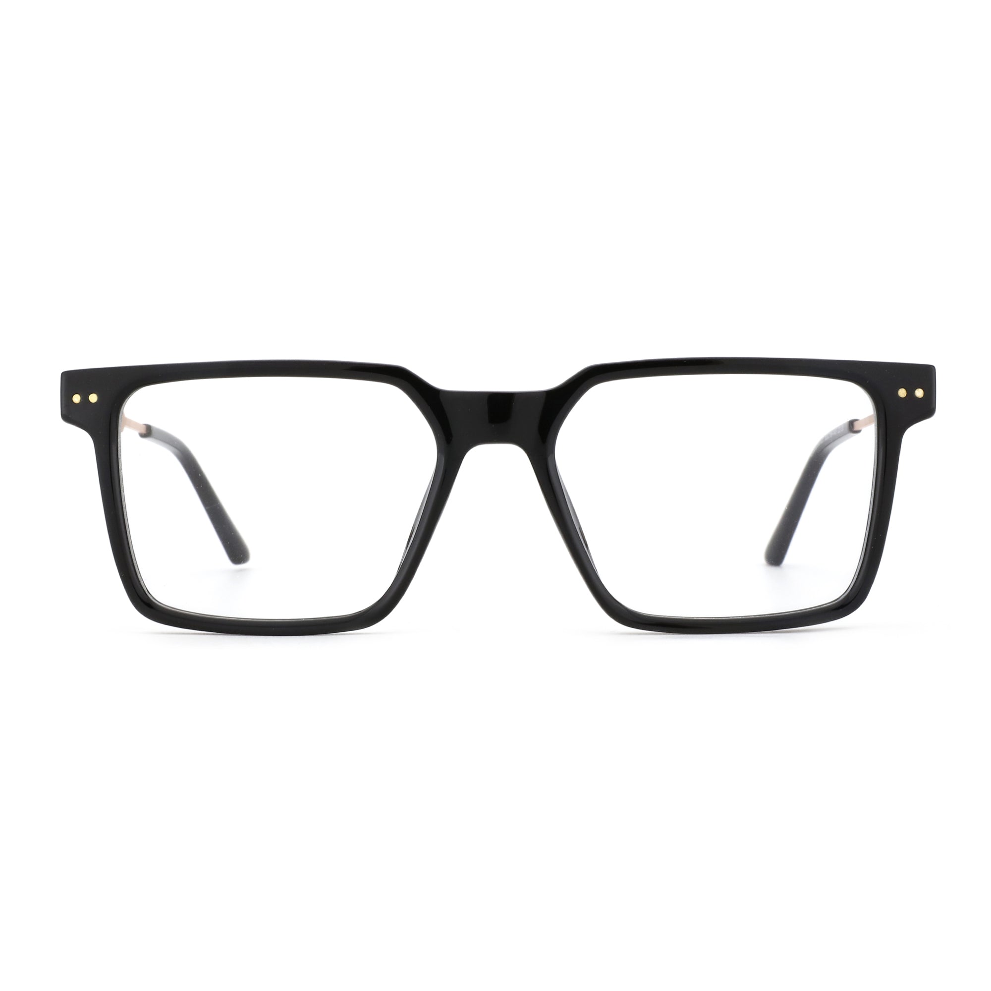 Zenottic Chris eyeglasses: black acetate square frames with gold accent dots.