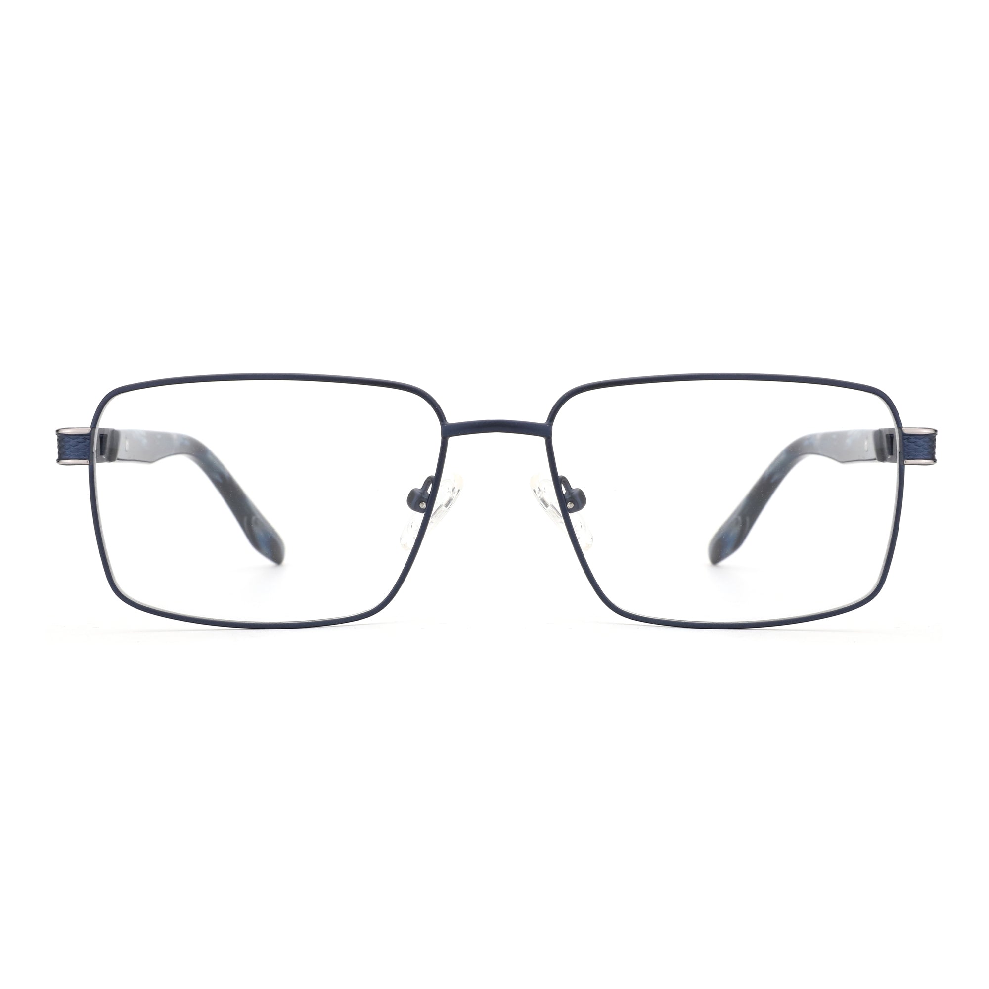 Zenottic Vincent eyeglasses with a dark blue metal frame and square lenses.