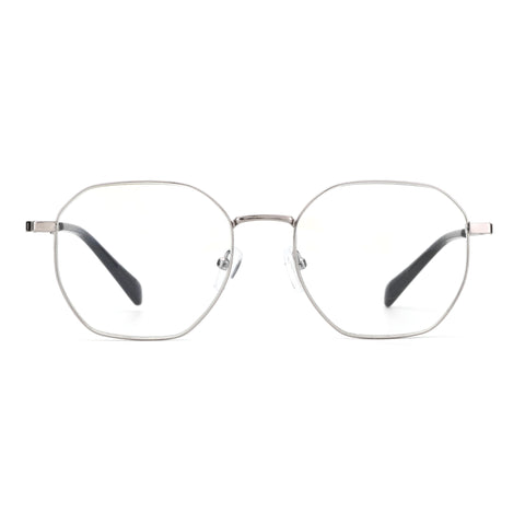 Zenottic Baldwin eyeglasses in silver with a geometric frame and clear lenses.