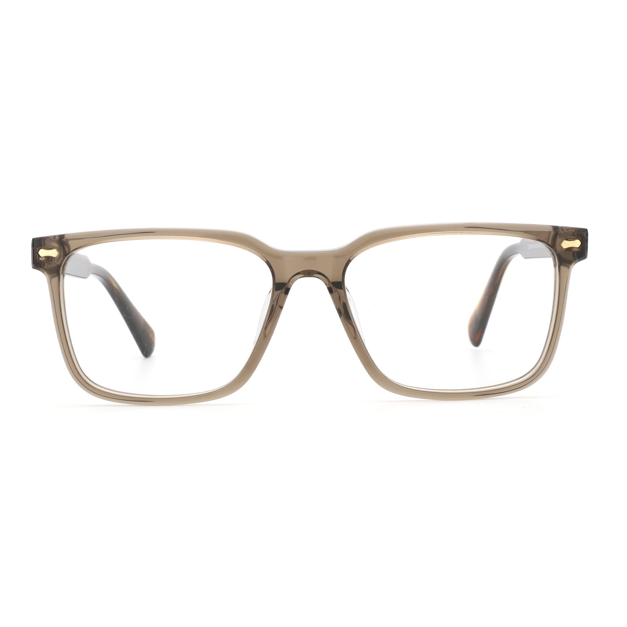 Zenottic Eyeglasses Ted: Transparent grey acetate frame, rectangular shape, tortoiseshell temples, gold accents.