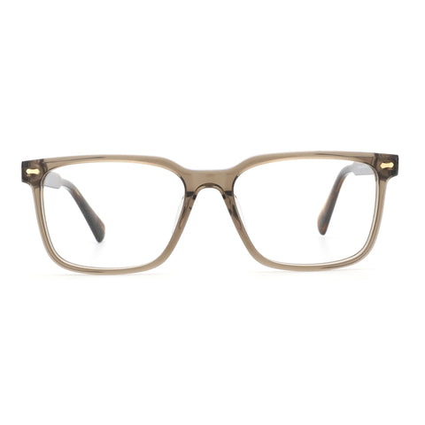 Zenottic Eyeglasses Ted: Transparent grey acetate frame, rectangular shape, tortoiseshell temples, gold accents.
