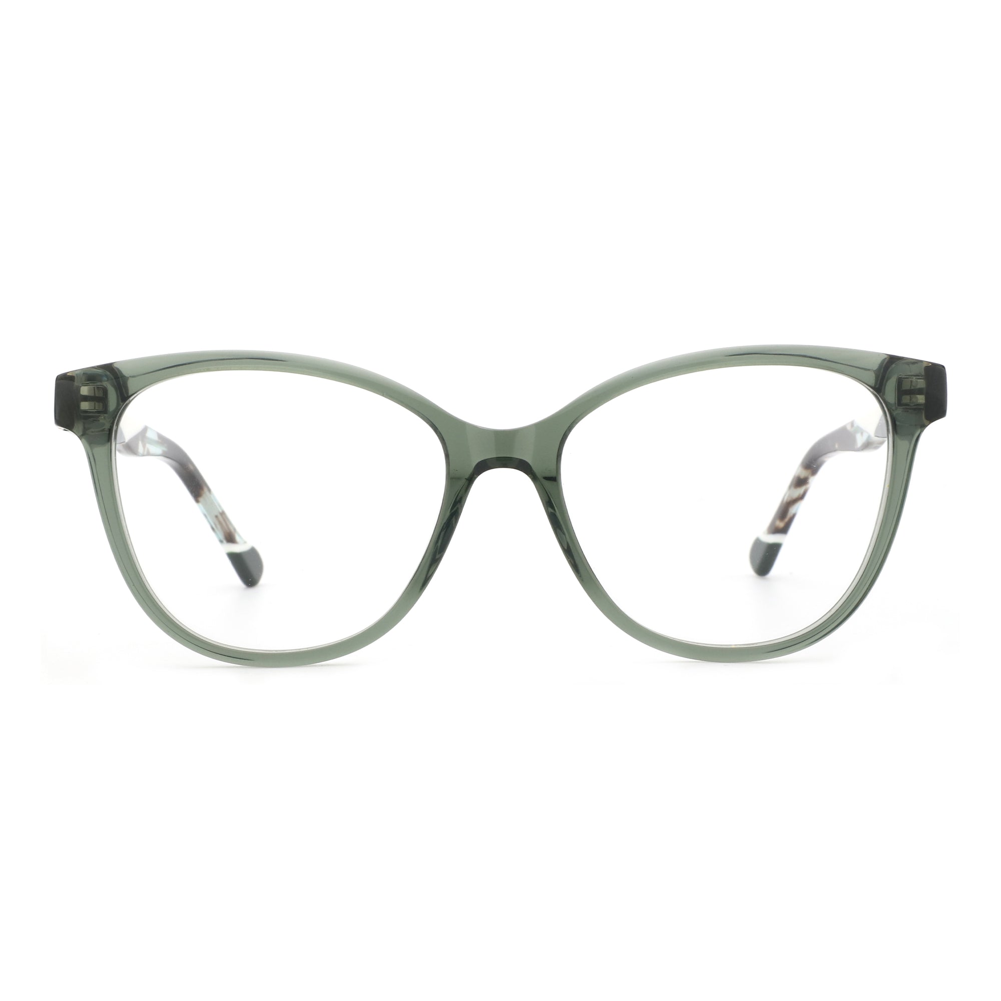 Zenottic Isolde eyeglasses in olive green with a subtle tortoise pattern on the inner temple.