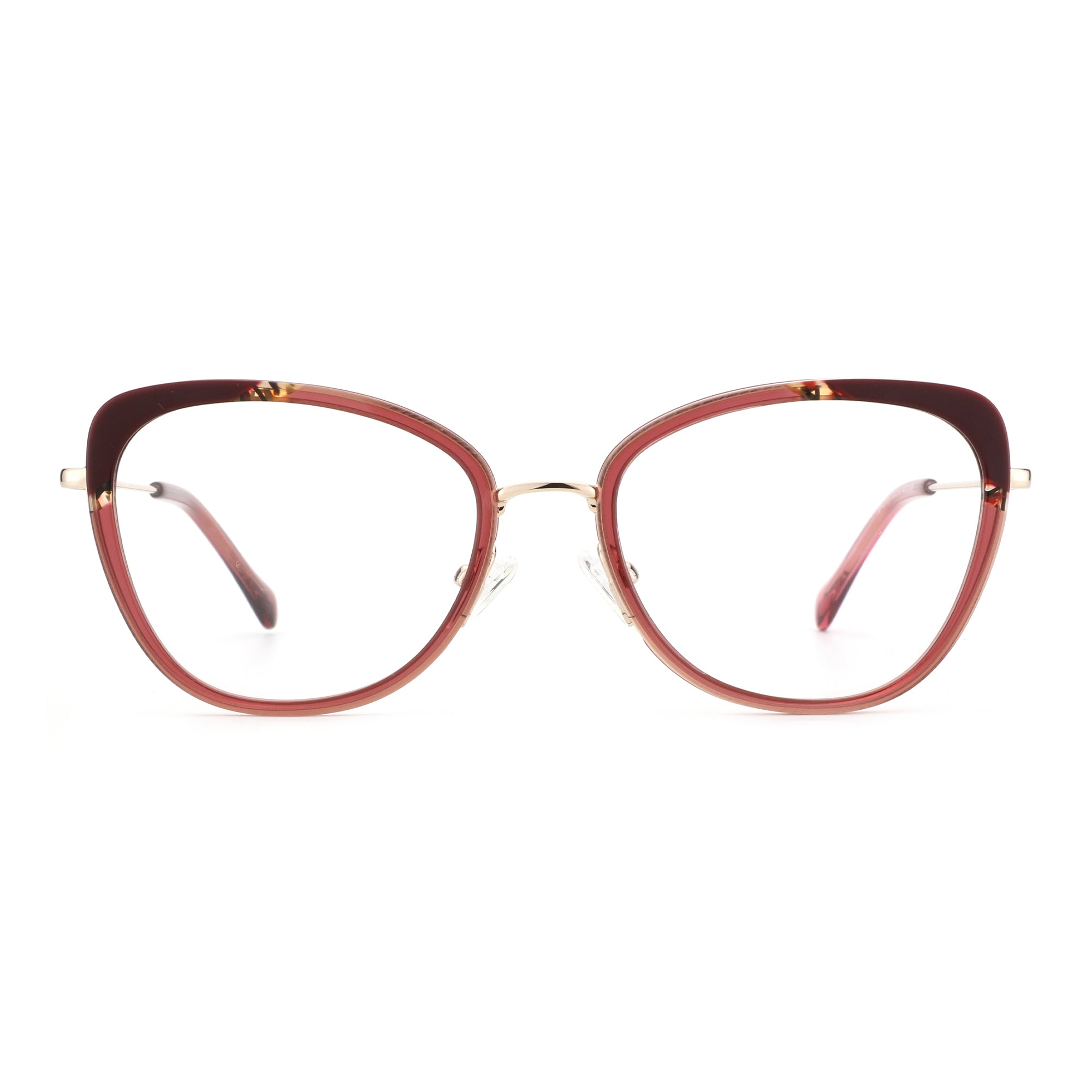 Zenottic Paloma eyeglasses feature a burgundy and tortoiseshell cat-eye acetate frame with thin gold metal accents.