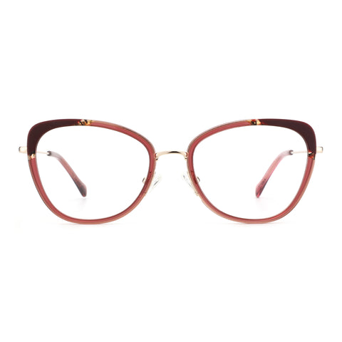 Zenottic Paloma eyeglasses feature a burgundy and tortoiseshell cat-eye acetate frame with thin gold metal accents.
