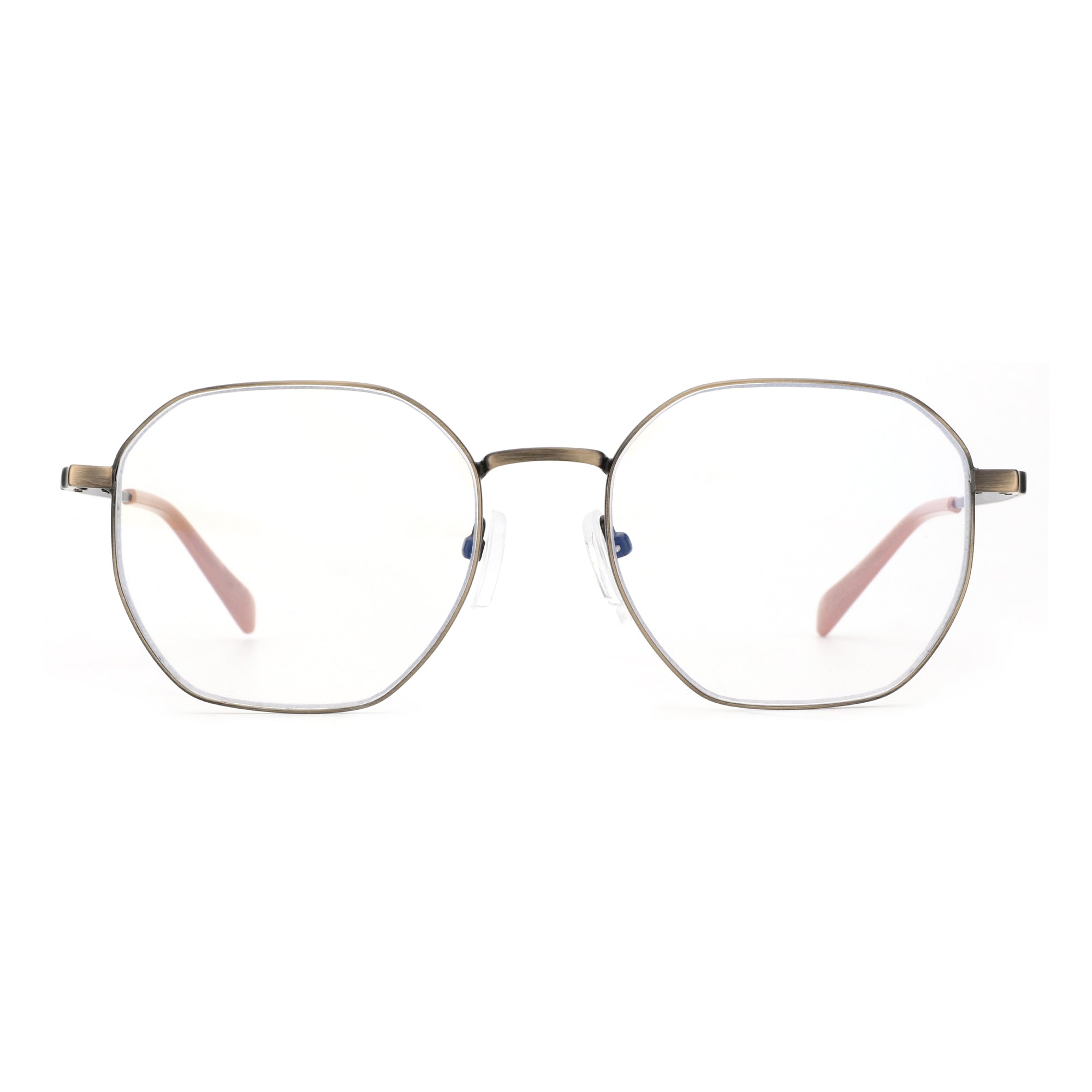 Zenottic Baldwin eyeglasses feature a gunmetal grey, geometric metal frame with clear lenses and light pink temple tips.