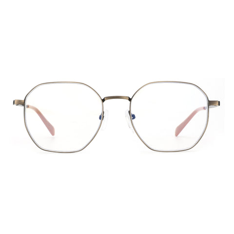 Zenottic Baldwin eyeglasses feature a gunmetal grey, geometric metal frame with clear lenses and light pink temple tips.