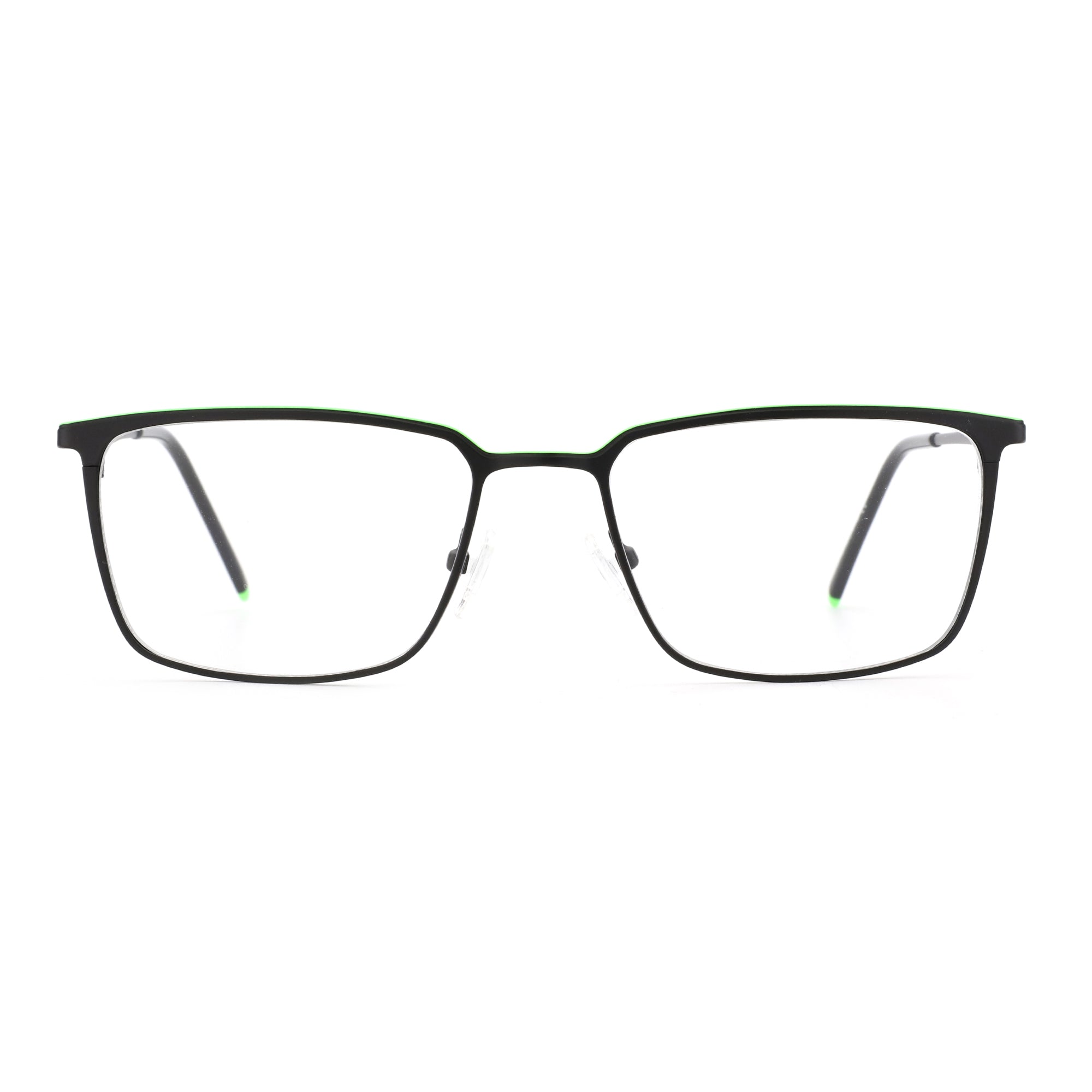Zenottic Tony eyeglasses with black metal frame and a subtle green accent on the temple tips.