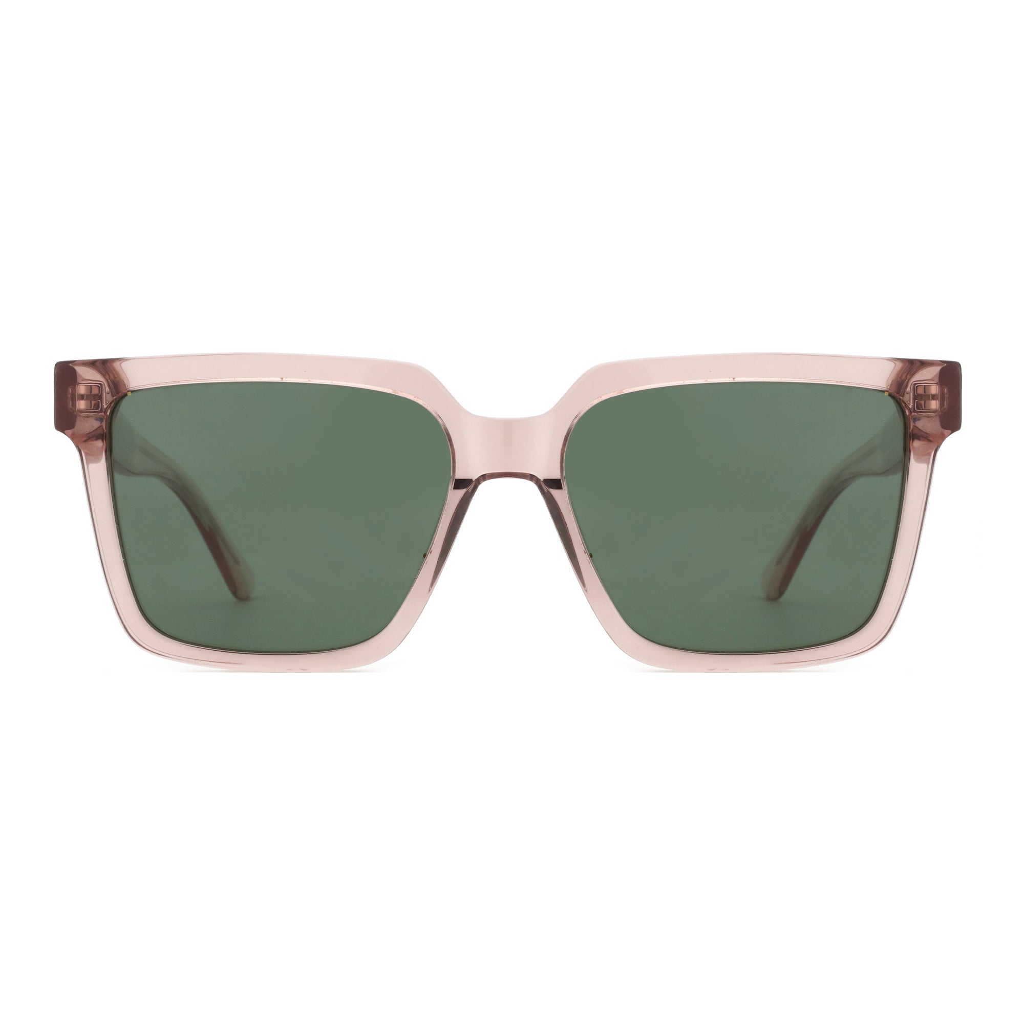 Zenottic Simona women's pink acetate square sunglasses with green lenses.