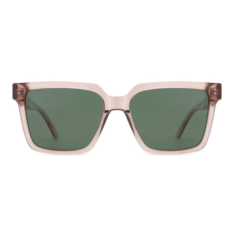 Zenottic Simona women's pink acetate square sunglasses with green lenses.