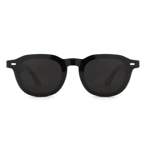 Zenottic Bart black acetate geometric sunglasses with dark resin lenses, front view.