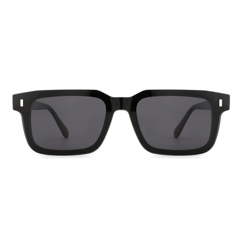 Zenottic Egbert black acetate square sunglasses with dark gray resin lenses.