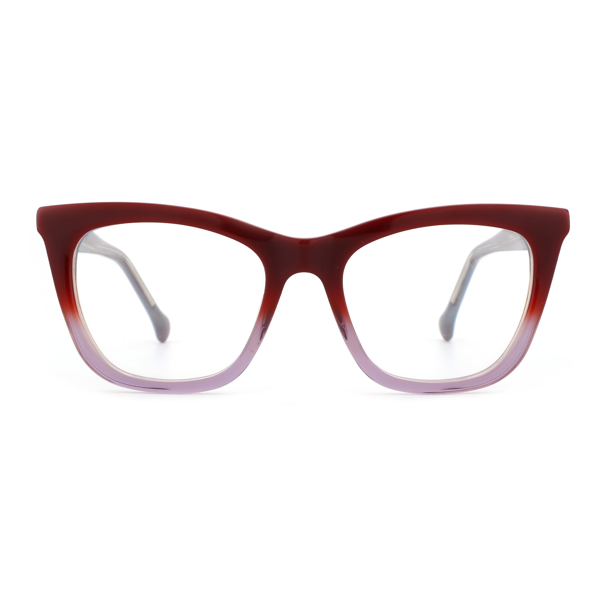 Zenottic Hilary eyeglasses with a maroon to purple gradient acetate frame and clear resin lenses.