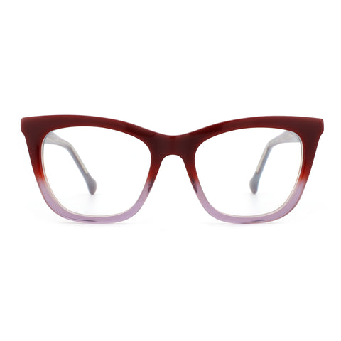Zenottic Hilary eyeglasses with a maroon to purple gradient acetate frame and clear resin lenses.