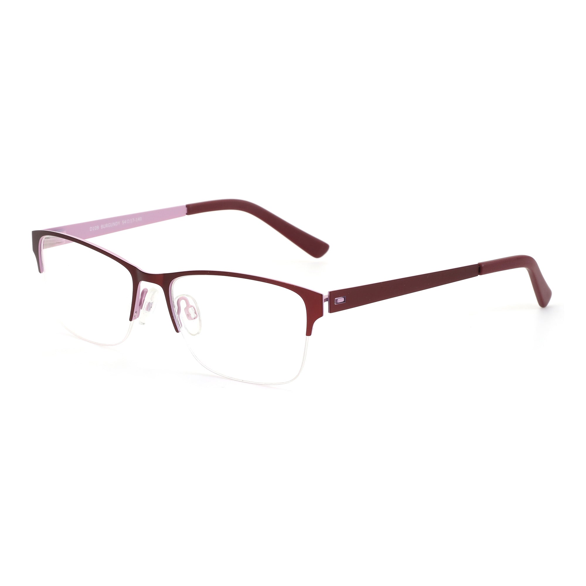 Zenottic Eyeglasses Setlla, burgundy semi-rimless metal eyeglasses with clear lenses.