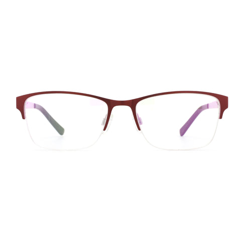 Zenottic Eyeglasses Setlla, semi-rimless, burgundy metal frame, clear rectangular lenses, purple temples.